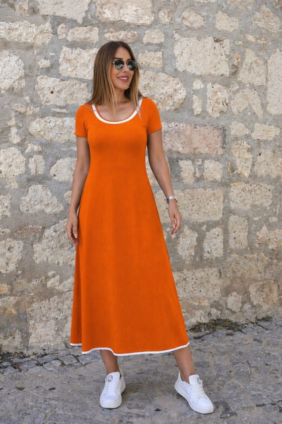 Mamo Turuncu Mini Viskon Elbise - Mamo kadın butik elbise