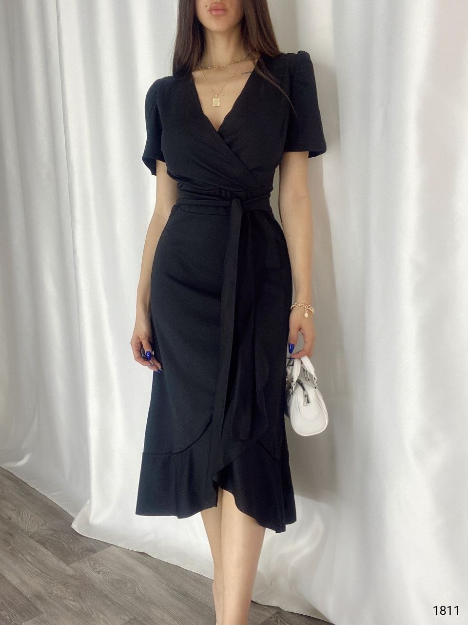 Mamo Siyah Midi Kruvaze Krep Elbise - Mamo kadın butik elbise