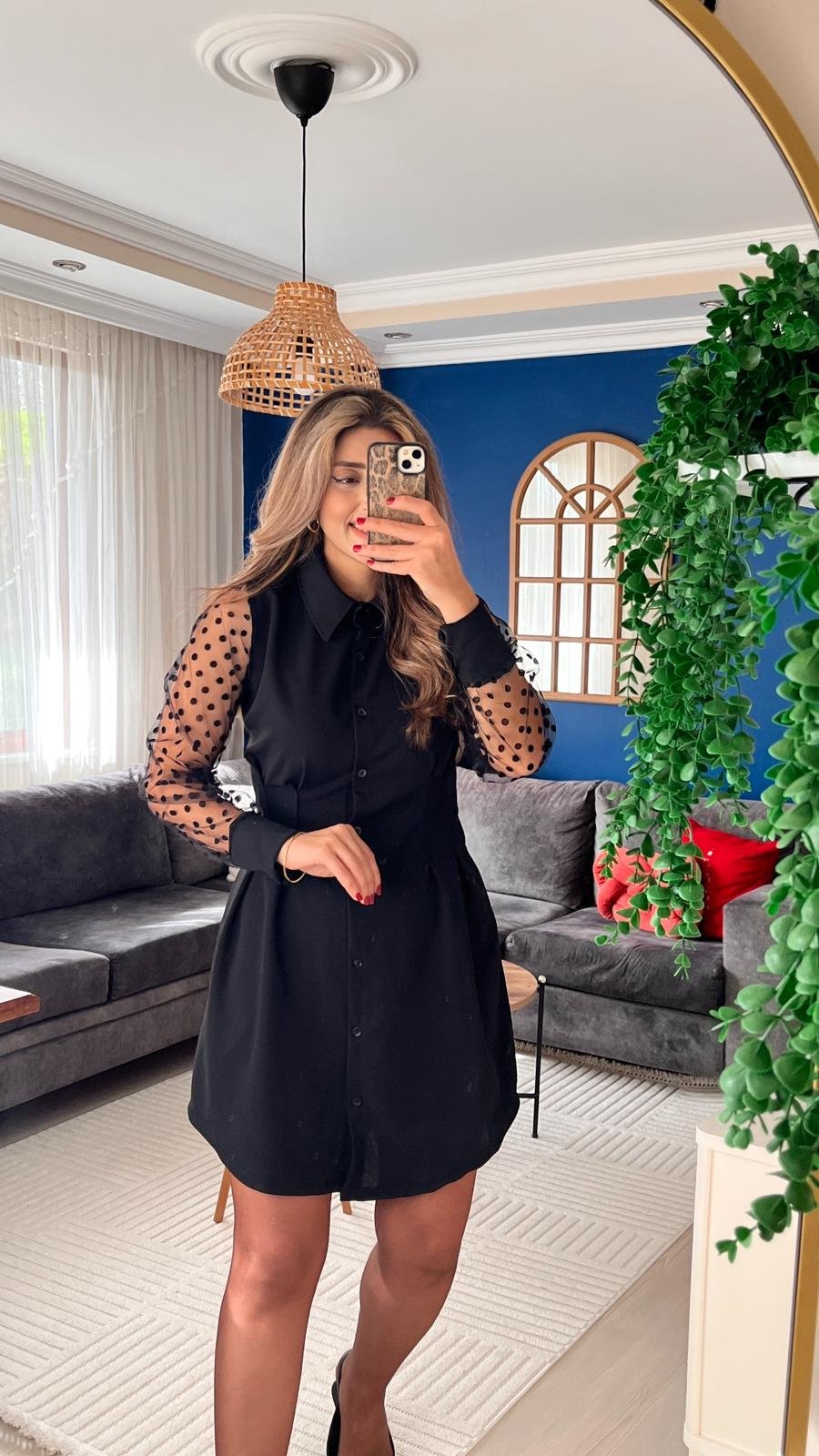 Mamo Siyah Mini Krep Elbise - Mamo kadın butik elbise