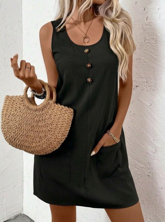 Mamo Siyah Mini Askılı Cepli Elbise - Mamo kadın butik elbise