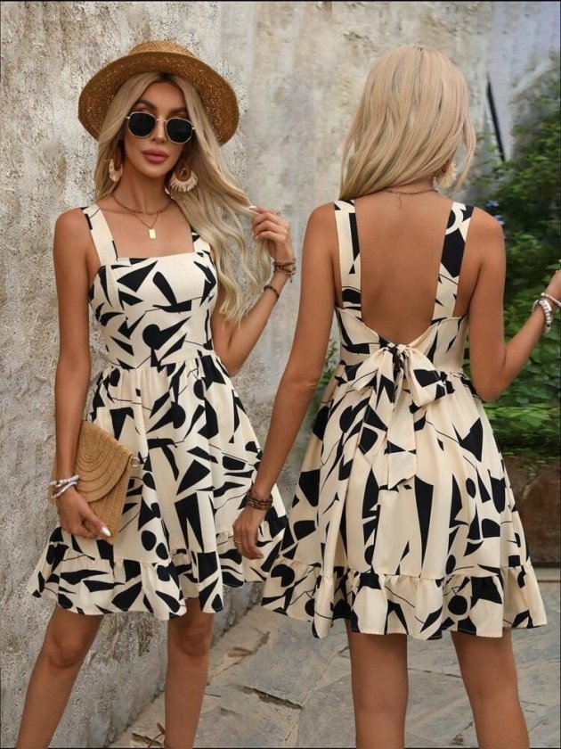 Mamo Bej Mini Askılı Desenli Elbise - Mamo kadın butik elbise
