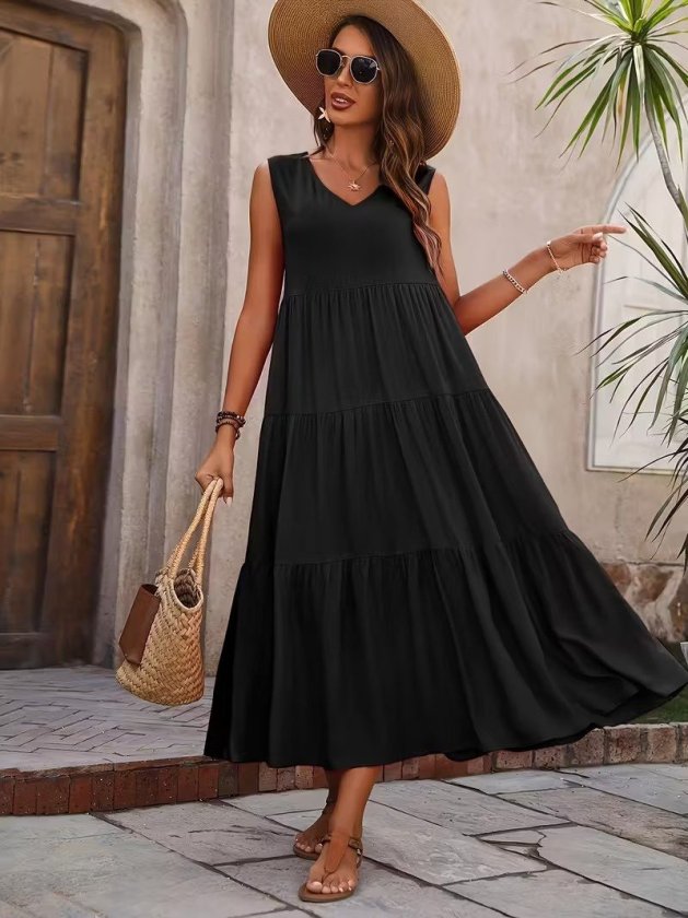 Mamo Siyah Uzun Askılı V Yaka Elbise - Mamo kadın butik elbise