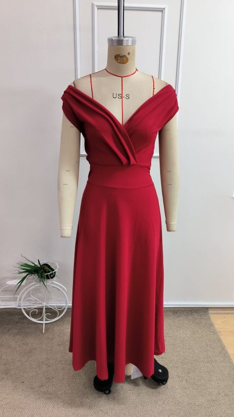 Mamo Kırmızı Uzun Kruvaze Krep Elbise - Mamo kadın butik elbise