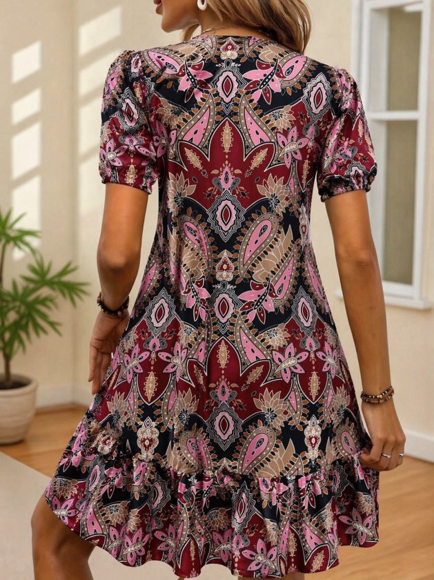 Mamo Pembe Mini V Yaka Desenli Elbise - Mamo kadın butik elbise