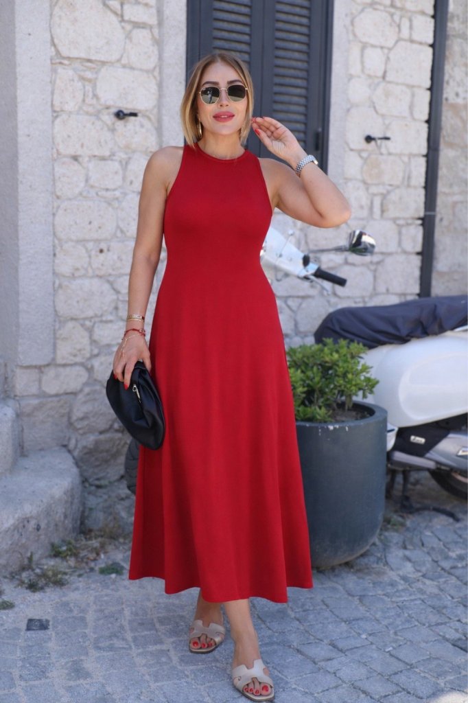 Mamo Kırmızı Uzun Yırtmaç Detaylı Viskon Elbise - Mamo kadın butik elbise