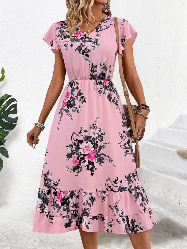 Mamo Pembe Mini V Yaka Desenli Elbise - Mamo kadın butik elbise