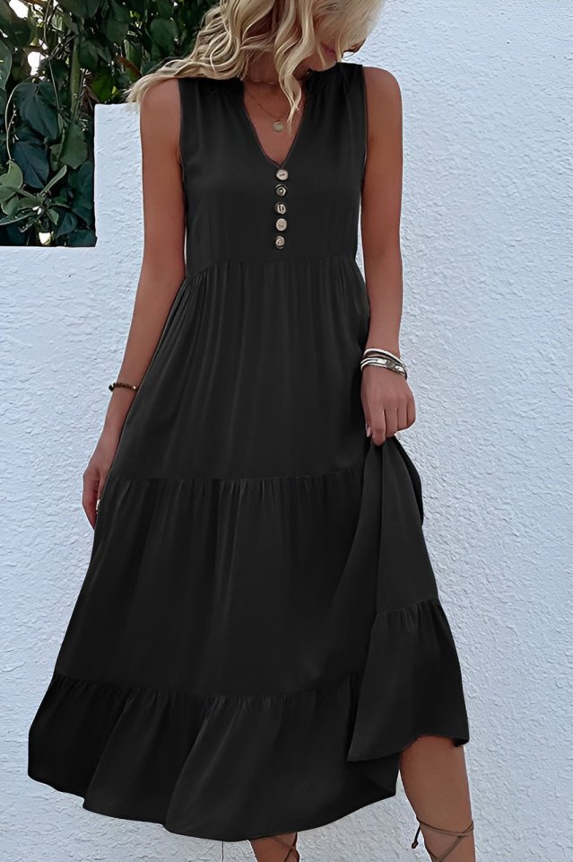 Mamo Siyah Midi Askılı V Yaka Elbise - Mamo kadın butik elbise