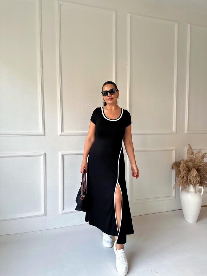 Mamo Siyah Yırtmaç Detaylı Viskon Elbise - Mamo kadın butik elbise