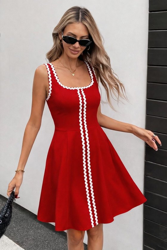 Mamo Kırmızı Mini Askılı Desenli Elbise - Mamo kadın butik elbise