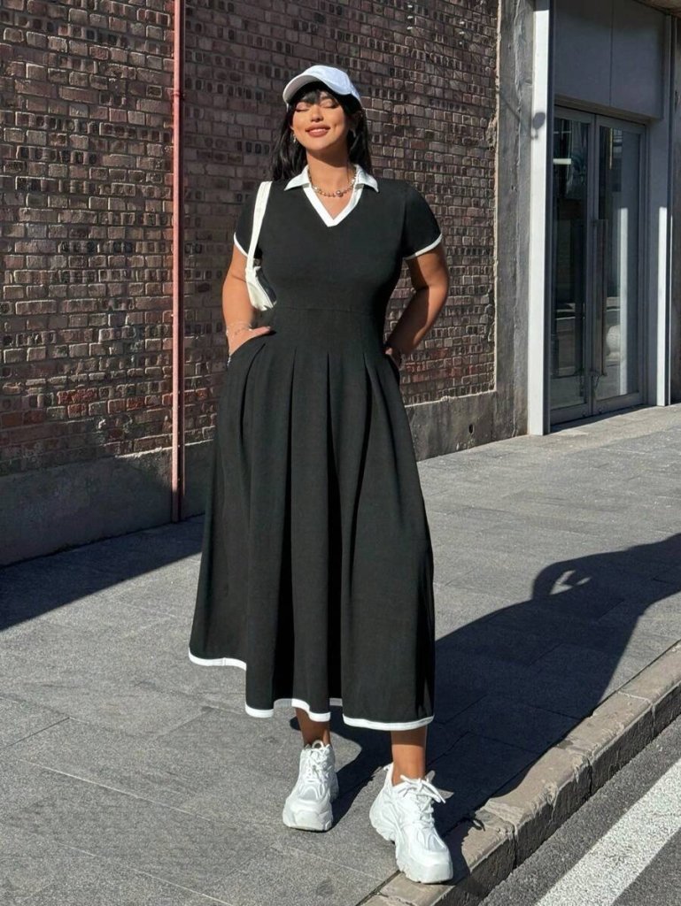 Mamo Siyah Mini V Yaka Krep Elbise - Mamo kadın butik elbise