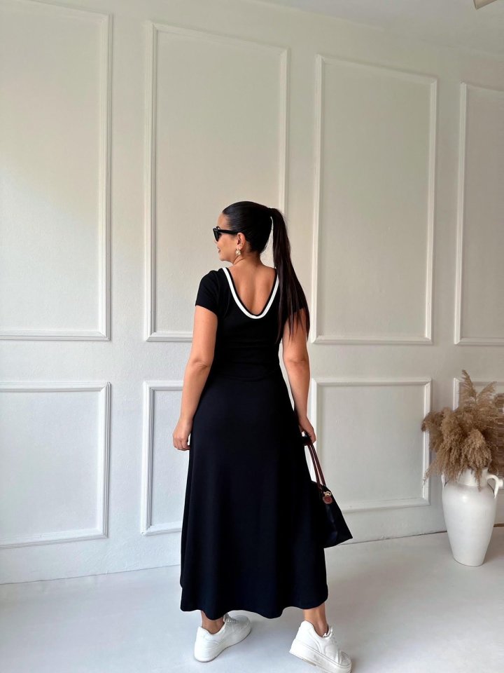 Mamo Siyah Yırtmaç Detaylı Viskon Elbise - Mamo kadın butik elbise