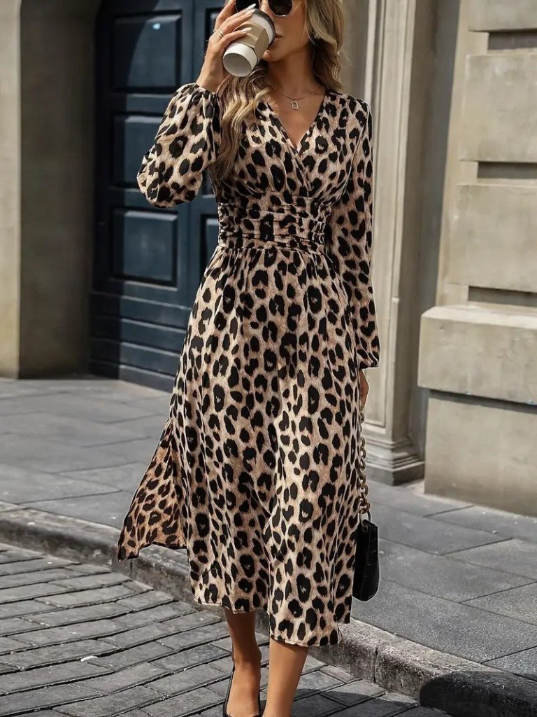 Mamo Leopar Midi Kruvaze Desenli Elbise - Mamo kadın butik elbise