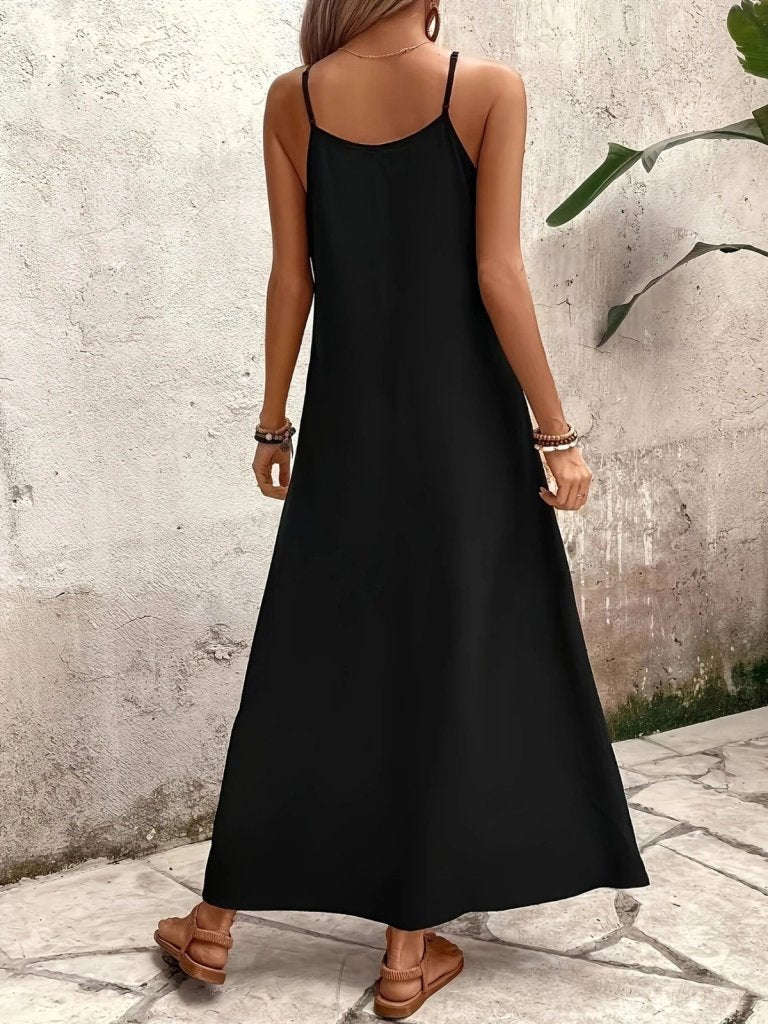 Mamo Siyah Uzun Askılı V Yaka Elbise - Mamo kadın butik elbise