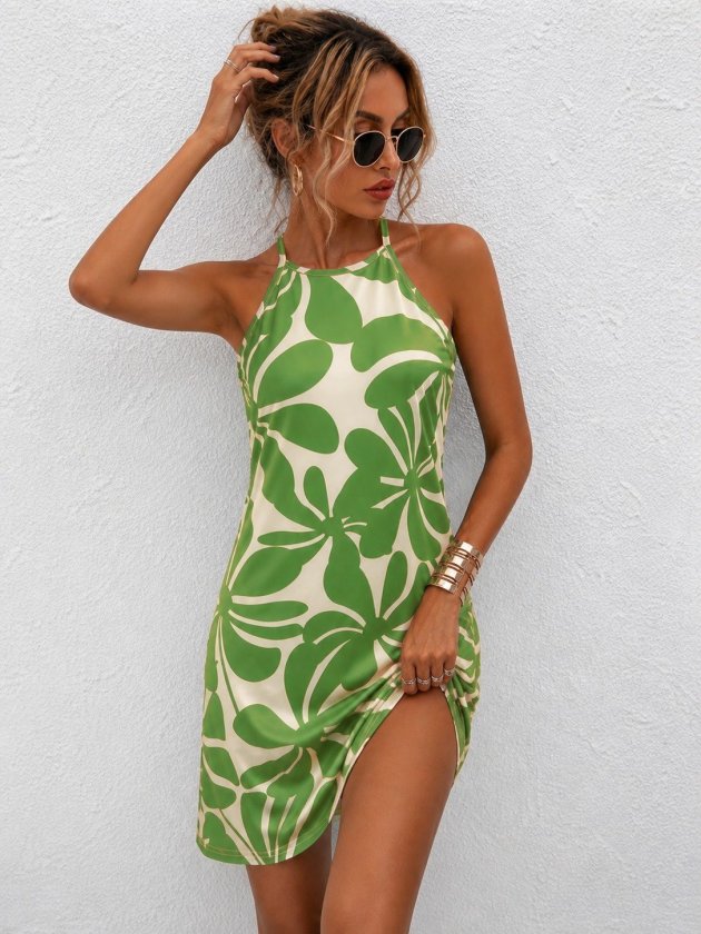 Mamo Yeşil Mini Halter Yaka Sim Detaylı Elbise - Mamo kadın butik elbise