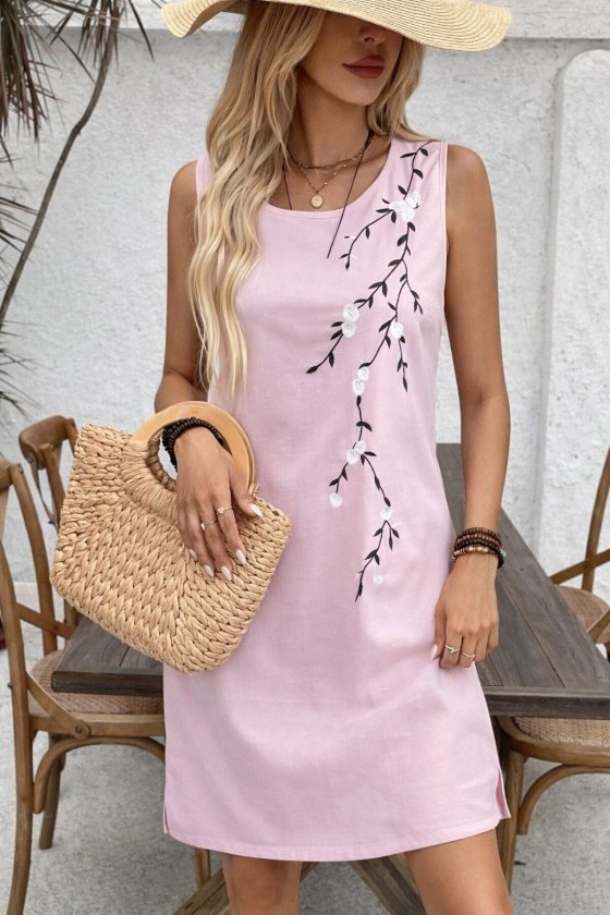 Mamo Pudra Mini Askılı Desenli Elbise - Mamo kadın butik elbise