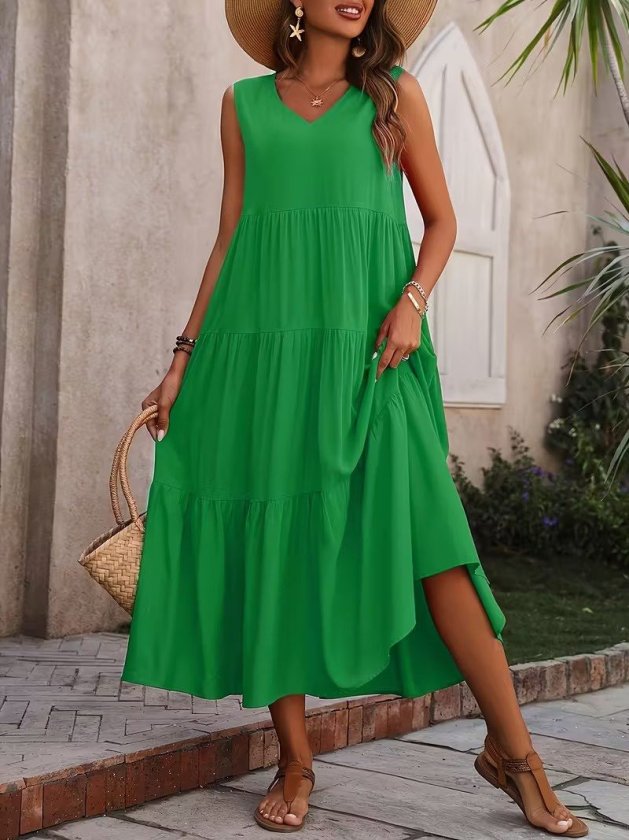 Mamo Yeşil Uzun Askılı V Yaka Elbise - Mamo kadın butik elbise