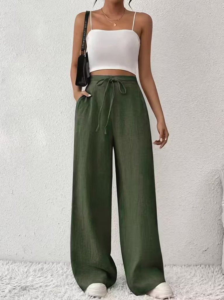 Mamo Yeşil Sim Detaylı Bağlamalı Keten Pantolon - Mamo kadın butik alt giyim