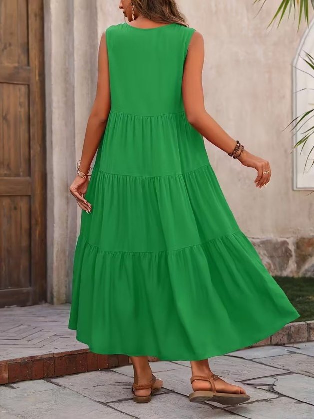 Mamo Yeşil Uzun Askılı V Yaka Elbise - Mamo kadın butik elbise