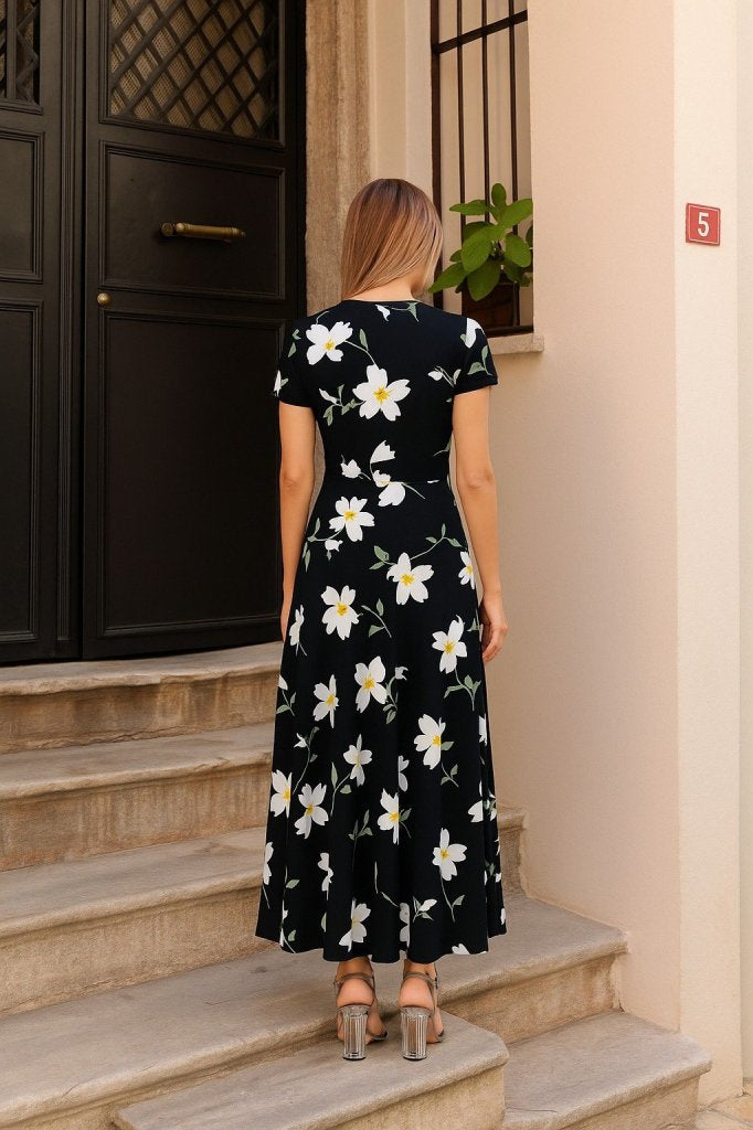 Mamo Desenli Mini Krep Elbise - Mamo kadın butik elbise