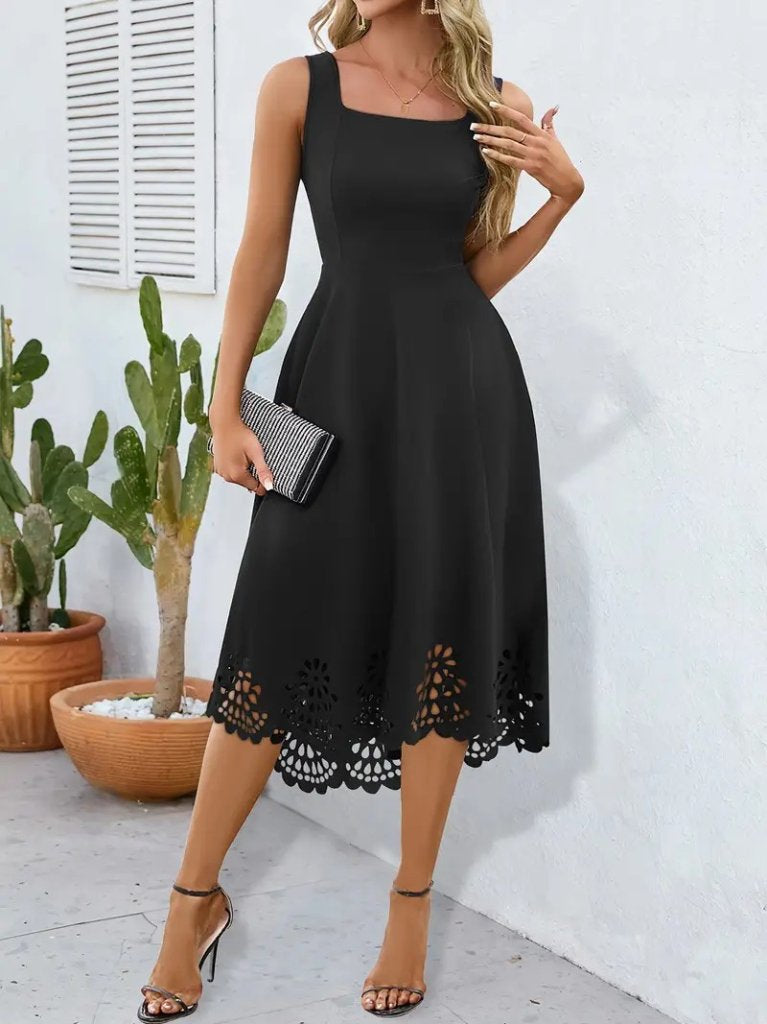 Mamo Siyah Askılı Sim Detaylı Desenli Elbise - Mamo kadın butik elbise