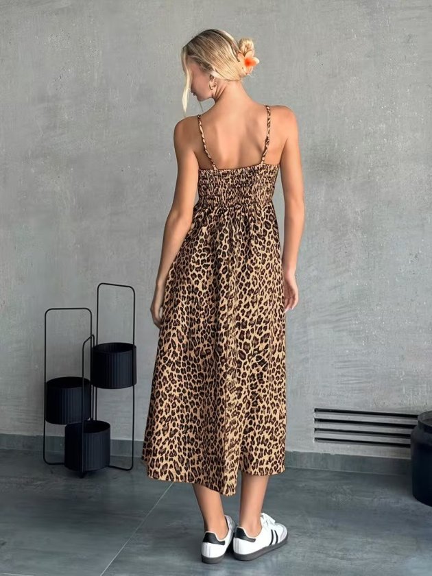 Mamo Leopar Uzun Askılı V Yaka Elbise - Mamo kadın butik elbise