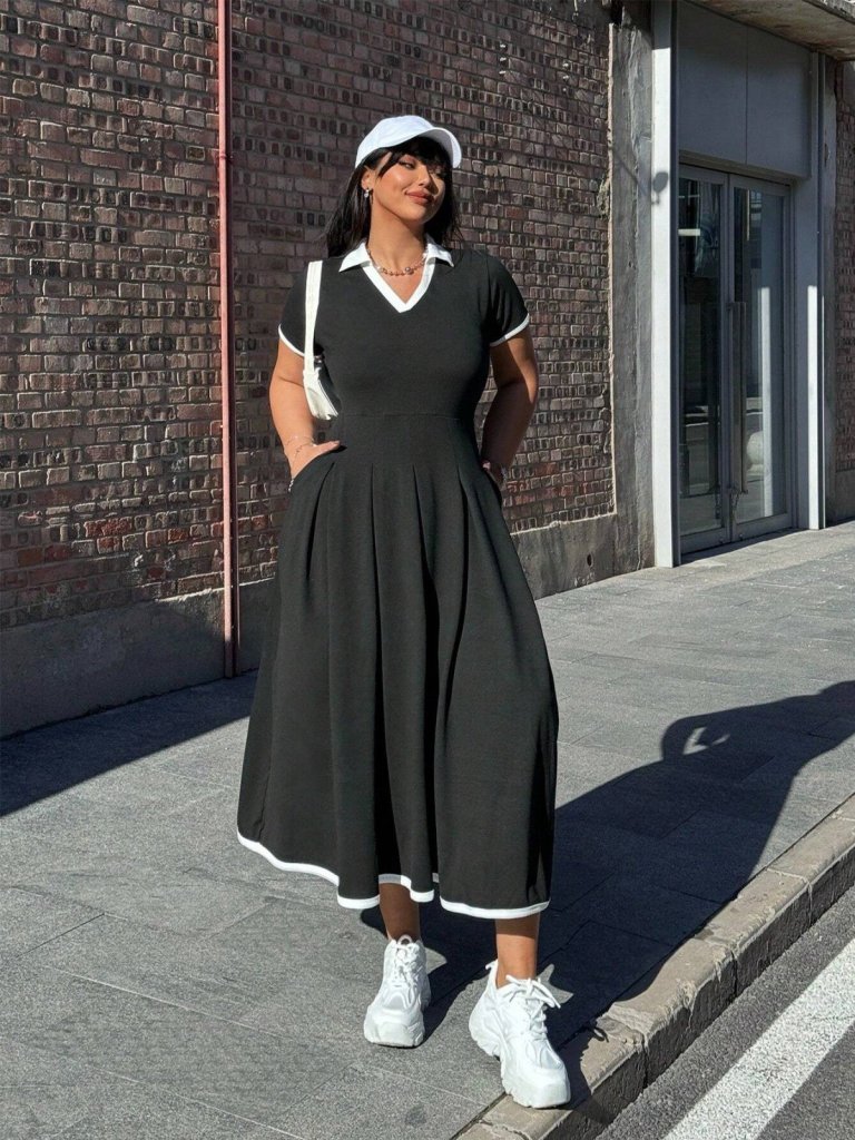 Mamo Siyah Mini V Yaka Krep Elbise - Mamo kadın butik elbise