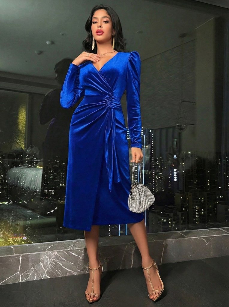 Mamo Saks Mavi Midi Kruvaze Elbise - Mamo kadın butik elbise