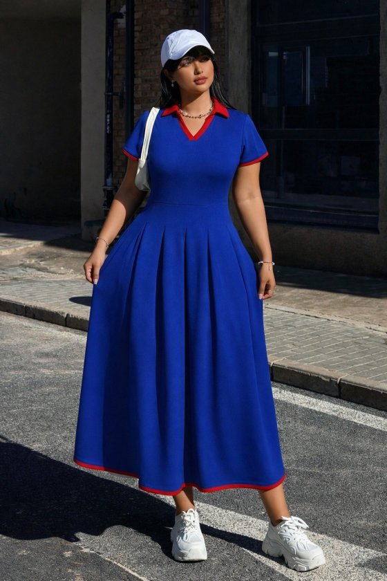 Mamo Mavi Mini V Yaka Krep Elbise - Mamo kadın butik elbise
