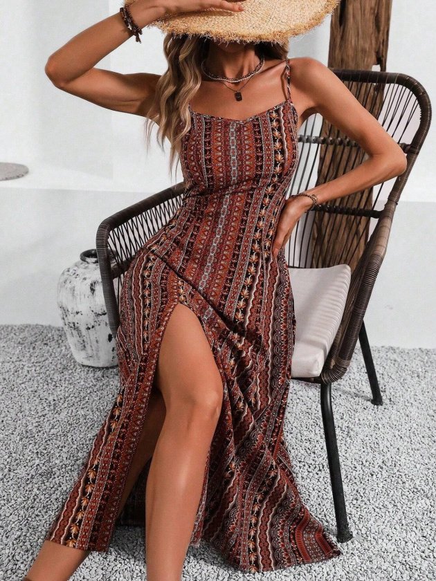 Mamo Kahve Midi Askılı Yırtmaç Detaylı Elbise - Mamo kadın butik elbise