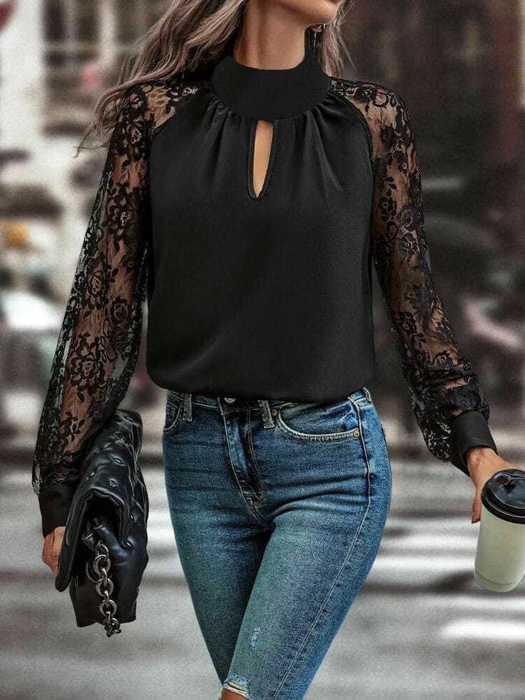 Mamo Siyah Tül Detaylı Bluz - Mamo kadın butik bluz