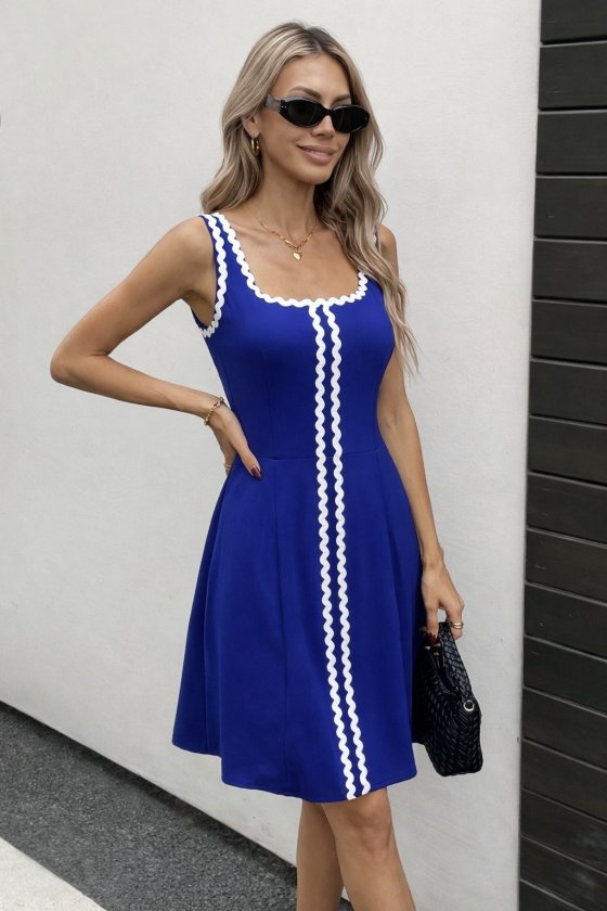 Mamo Saks Mavi Mini Askılı Desenli Elbise - Mamo kadın butik elbise