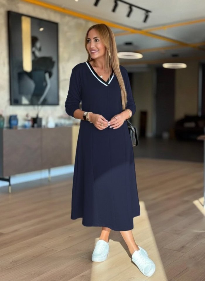 Mamo Lacivert Midi V Yaka Elbise - Mamo kadın butik elbise