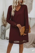 Mamo Bordo Mini V Yaka Krep Elbise - Mamo kadın butik elbise