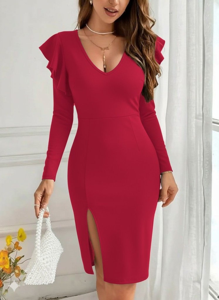 Mamo Kırmızı Midi V Yaka Yırtmaç Detaylı Elbise - Mamo kadın butik elbise
