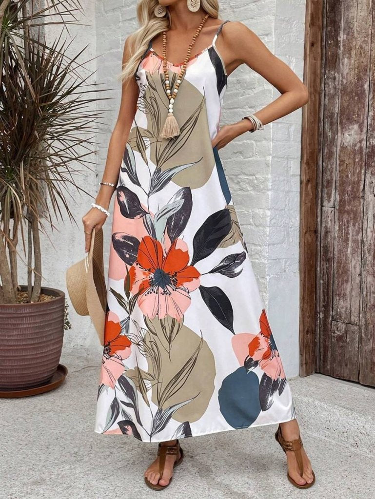 Mamo Desenli Askılı V Yaka Elbise - Mamo kadın butik elbise