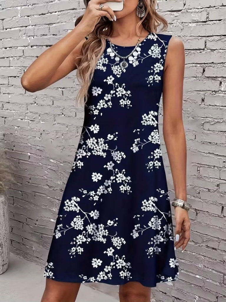 Mamo Lacivert Mini Askılı Desenli Elbise - Mamo kadın butik elbise