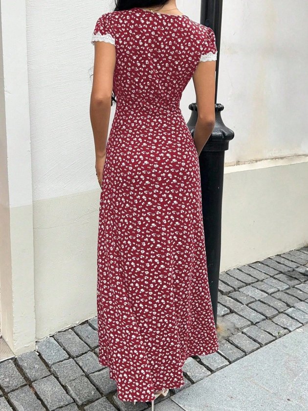 Mamo Kırmızı Mini V Yaka Dantel Detaylı Elbise - Mamo kadın butik elbise