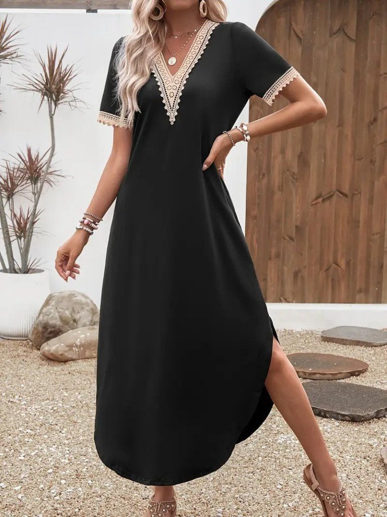 Mamo Siyah Mini V Yaka Dantel Detaylı Elbise - Mamo kadın butik elbise