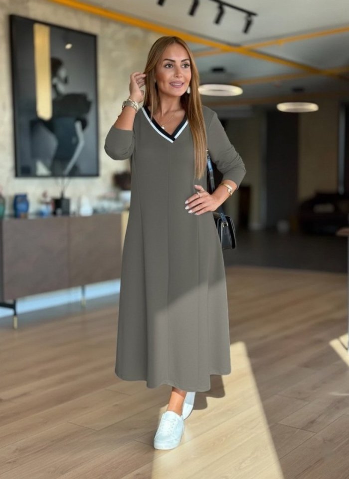 Mamo Yeşil Midi V Yaka Elbise - Mamo kadın butik elbise