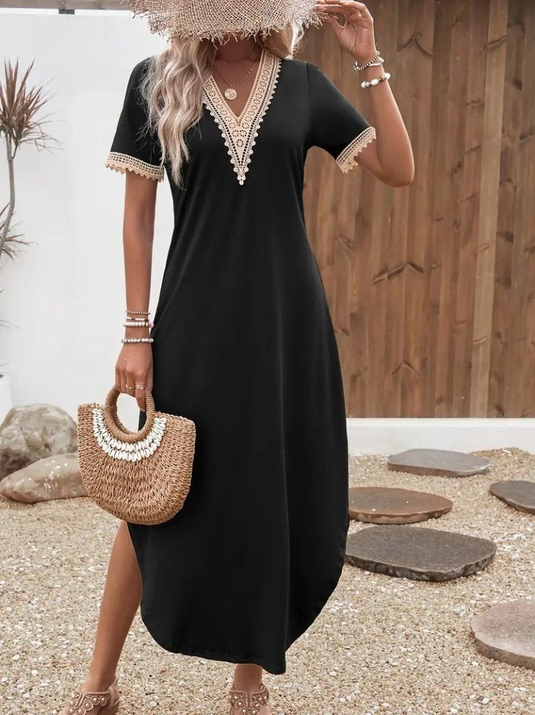 Mamo Siyah Mini V Yaka Dantel Detaylı Elbise - Mamo kadın butik elbise
