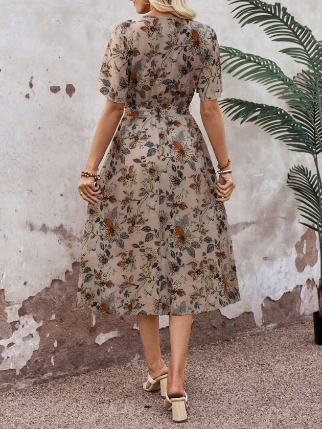 Mamo Sütlü Kahve Mini Kruvaze Desenli Elbise - Mamo kadın butik elbise
