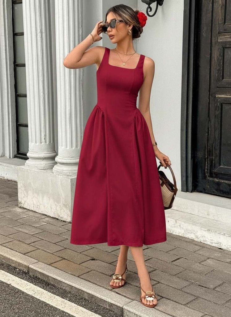 Mamo Kırmızı Uzun Askılı Kare Yaka Elbise - Mamo kadın butik elbise