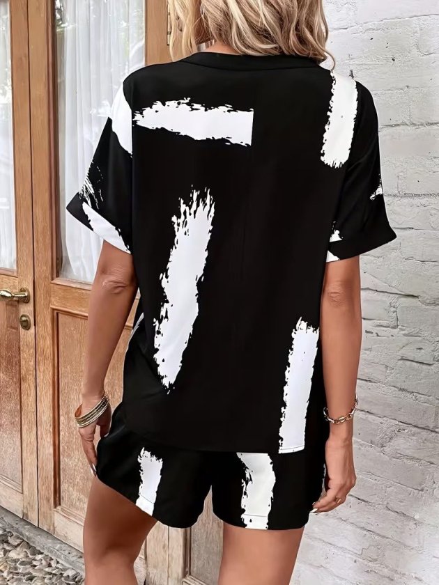 Mamo Siyah V Yaka Desenli Takım - Mamo kadın butik takım