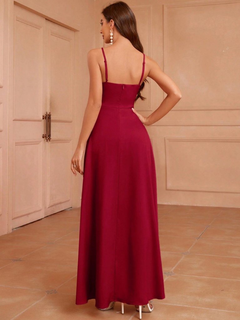 Mamo Bordo Uzun Askılı Kruvaze Elbise - Mamo kadın butik elbise