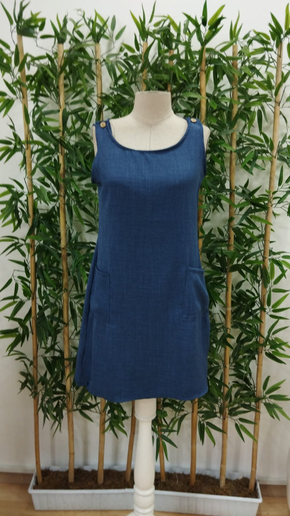 Mamo Mavi Askılı Cepli Keten Elbise - Mamo kadın butik elbise