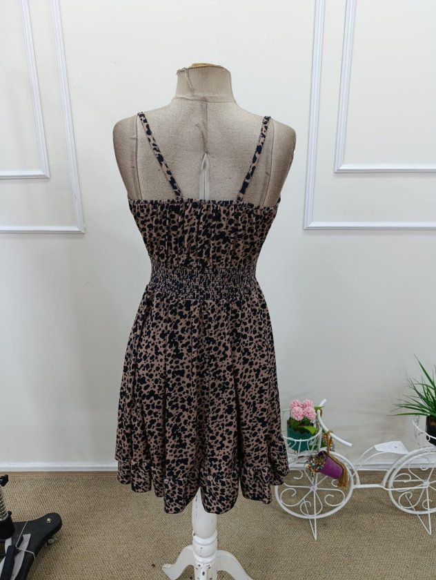 Mamo Leopar Mini Askılı Desenli Elbise - Mamo kadın butik elbise