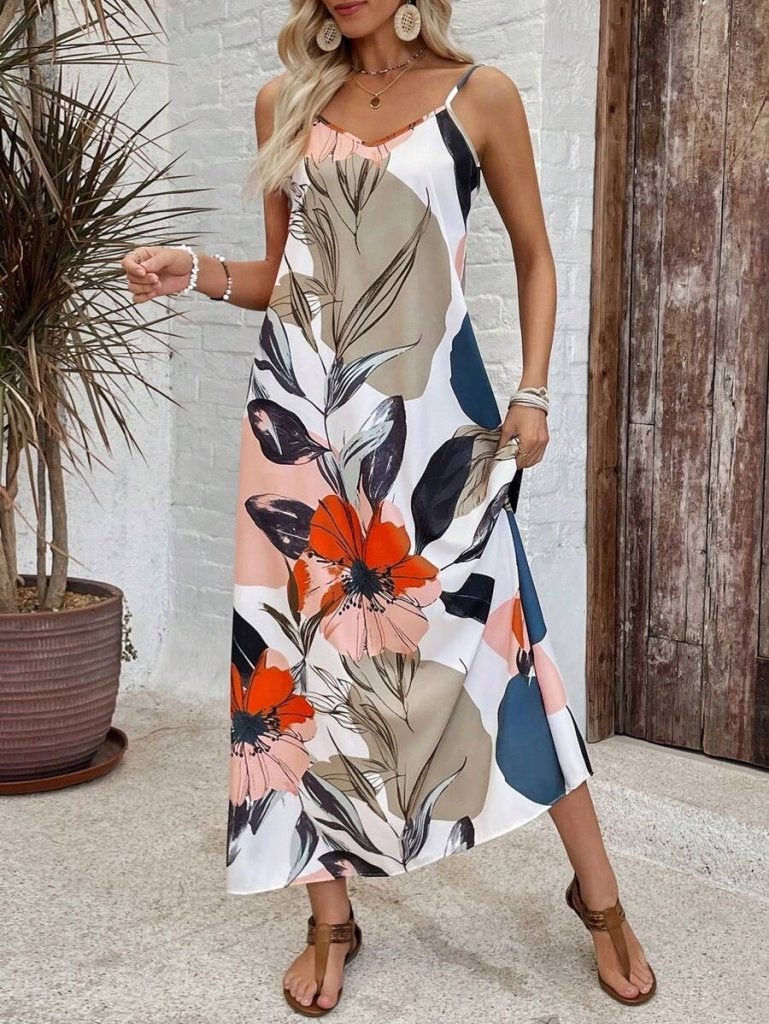 Mamo Desenli Askılı V Yaka Elbise - Mamo kadın butik elbise