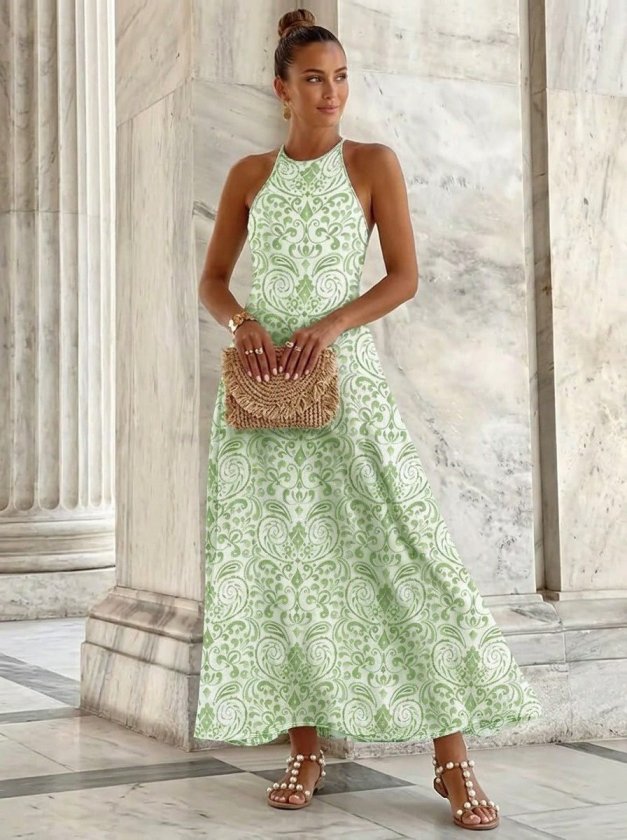Mamo Yeşil Uzun Askılı Elbise - Mamo kadın butik elbise