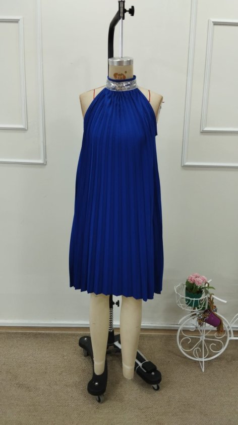 Mamo Saks Mavi Mini Krep Elbise - Mamo kadın butik elbise