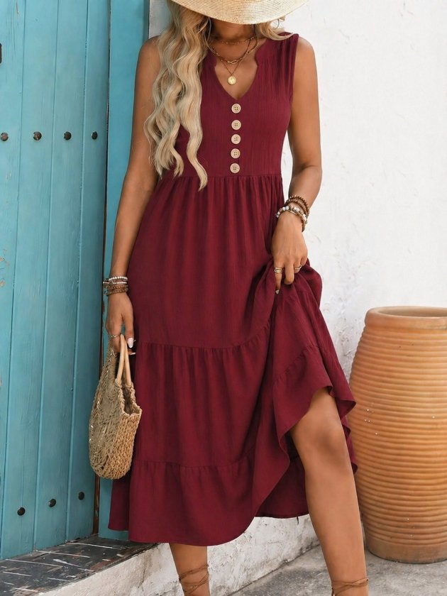 Mamo Bordo Midi Askılı V Yaka Elbise - Mamo kadın butik elbise